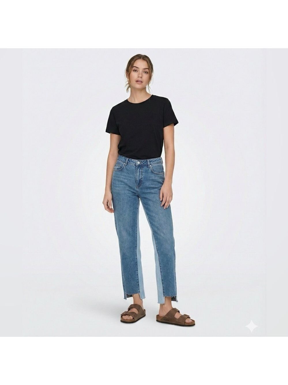 𝅺ONLY Chuck Straight Two Tone 5 Pocket Cropped Jeans Raw Hi-Lo Hem Sz 28
